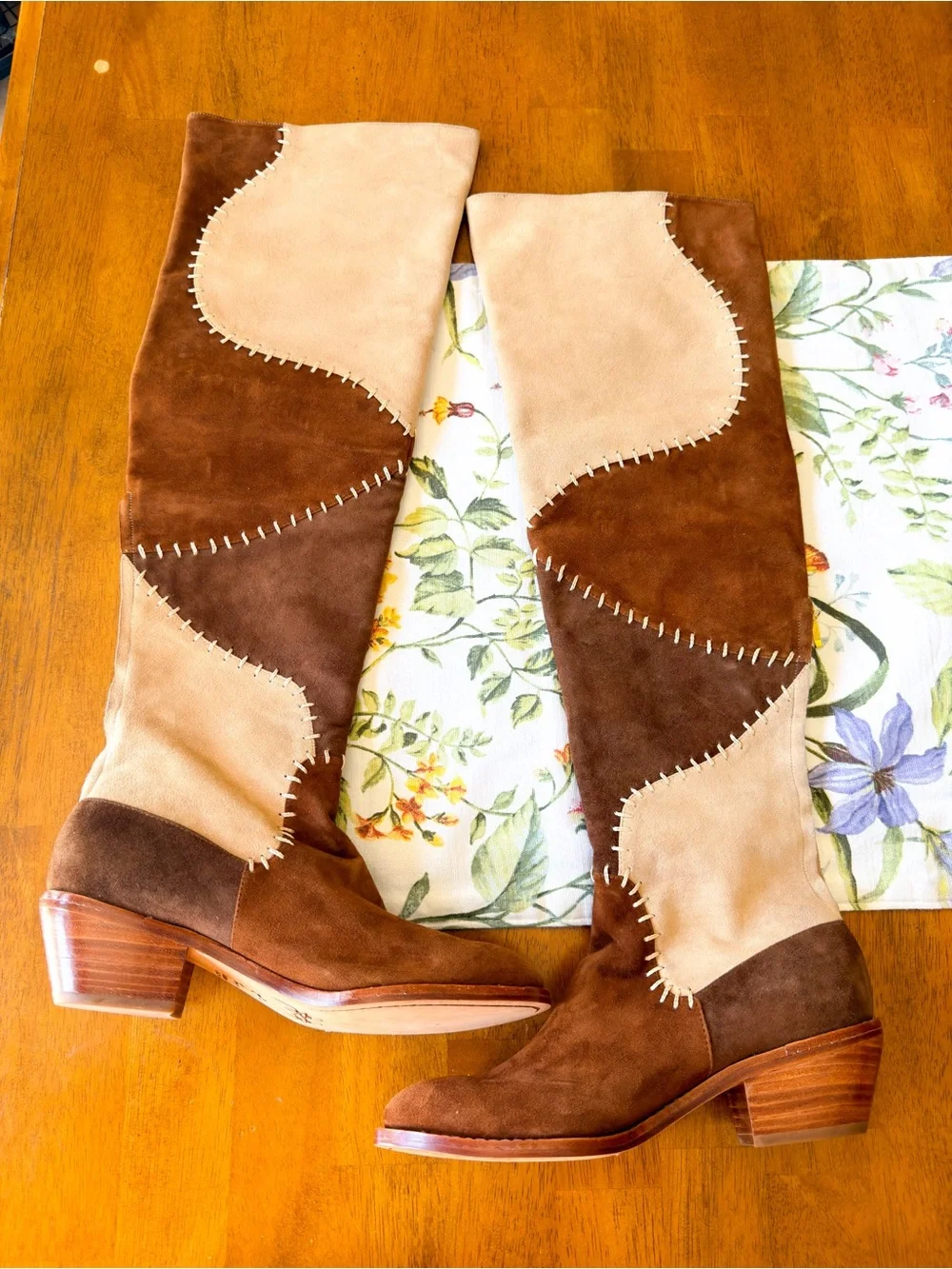 Carolina K Patch‎ Boot Suede Patchwork Brown OTK Boots 8 EUC